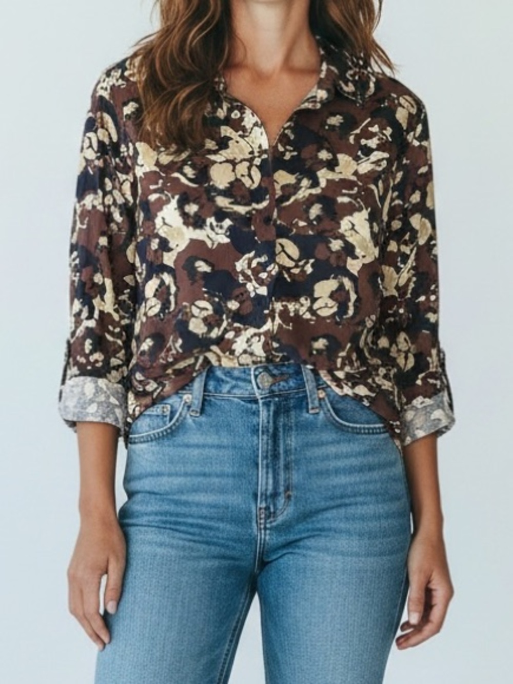 H&M Brown Navy Cream Floral Button-Down Shirt